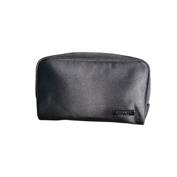CHANEL Pouch bag Black Nylon Satin Authentic Small Cosmetics Case Toiletry - Picture 1 of 13